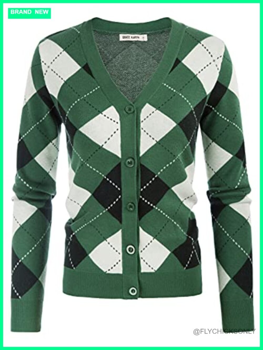 Women's Argyle Cardigan Sweater V-Neck Button Down Preppy Knit